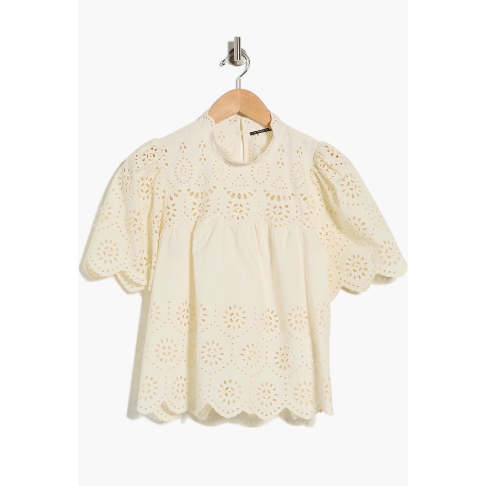 T Tahari Womens Cream Cotton Eyelet Embroidered Mock Neck Blouse Small NWT - Picture 10 of 12